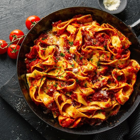 Pasta with tomato sauce on display